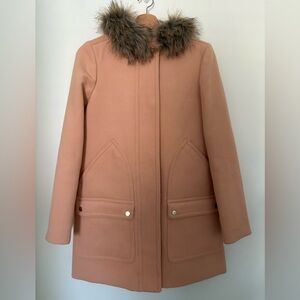 J. Crew Trench Coat Peach Faux Fur Collar Size 2